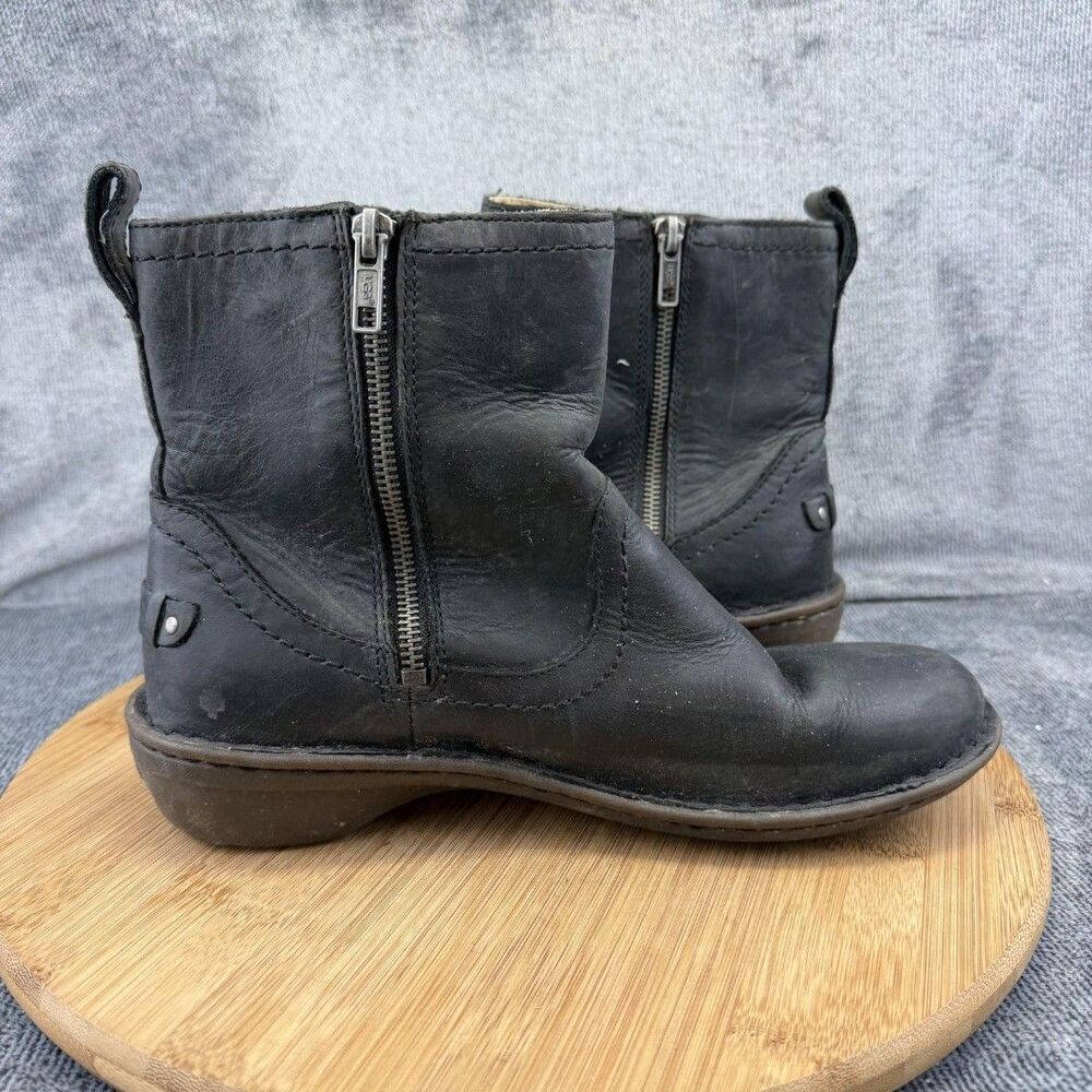 UGG Boots Womens Size 8 Black Leather Shearling Lined Ankle Zip Booties 1004177 - Picture 5 of 9